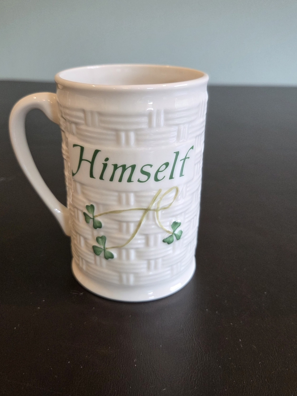 Belleek Ireland "Himself" Basketweave Shamrock Mug — Fine Parian China